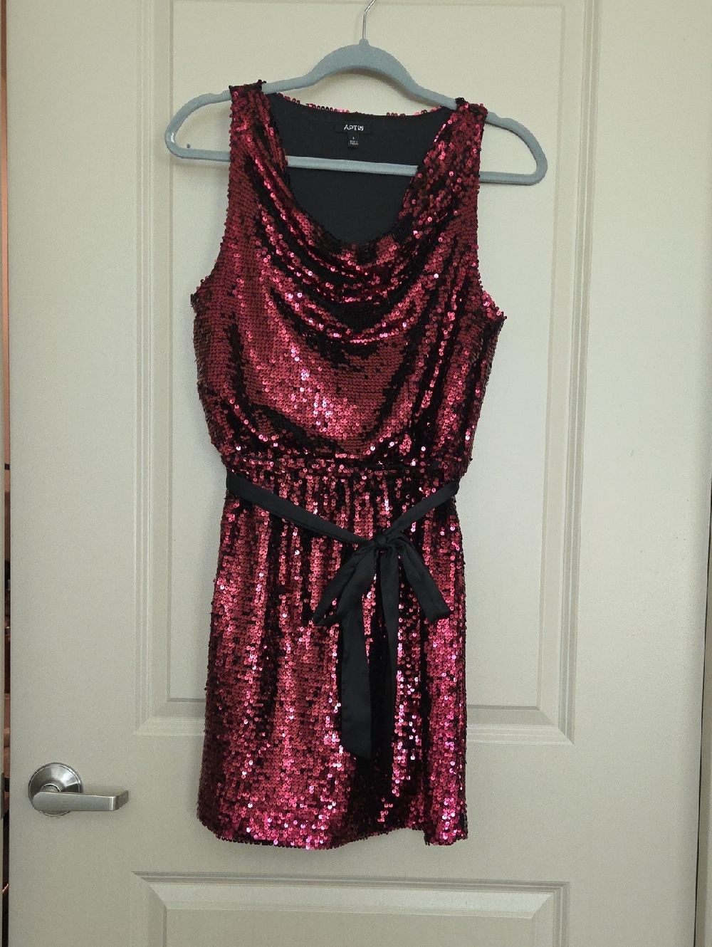 Apt. 9 Fuchsia Sequin Cowl Neck Mini Dress with Black Sash